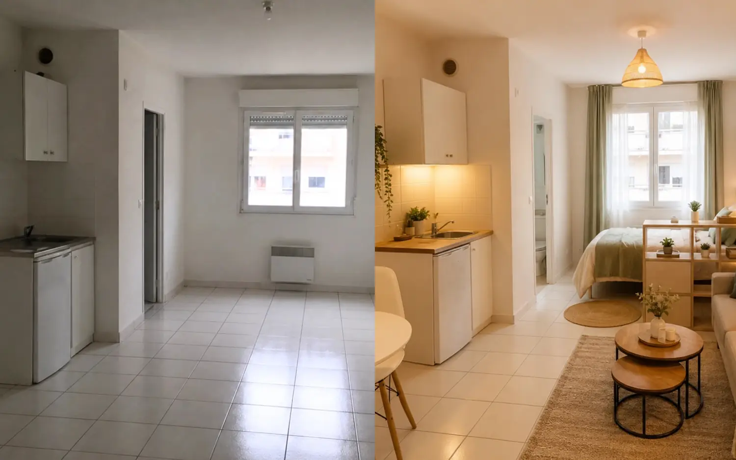 Le même appartement avant et après valorisation : pièce vide à gauche, meublée et mise en scène à droite.