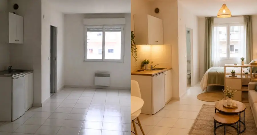 Le même séjour avant et après home staging.