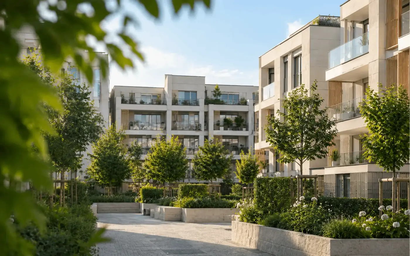 Résidence neuve entourée d’espaces verts, sous un ciel clair.