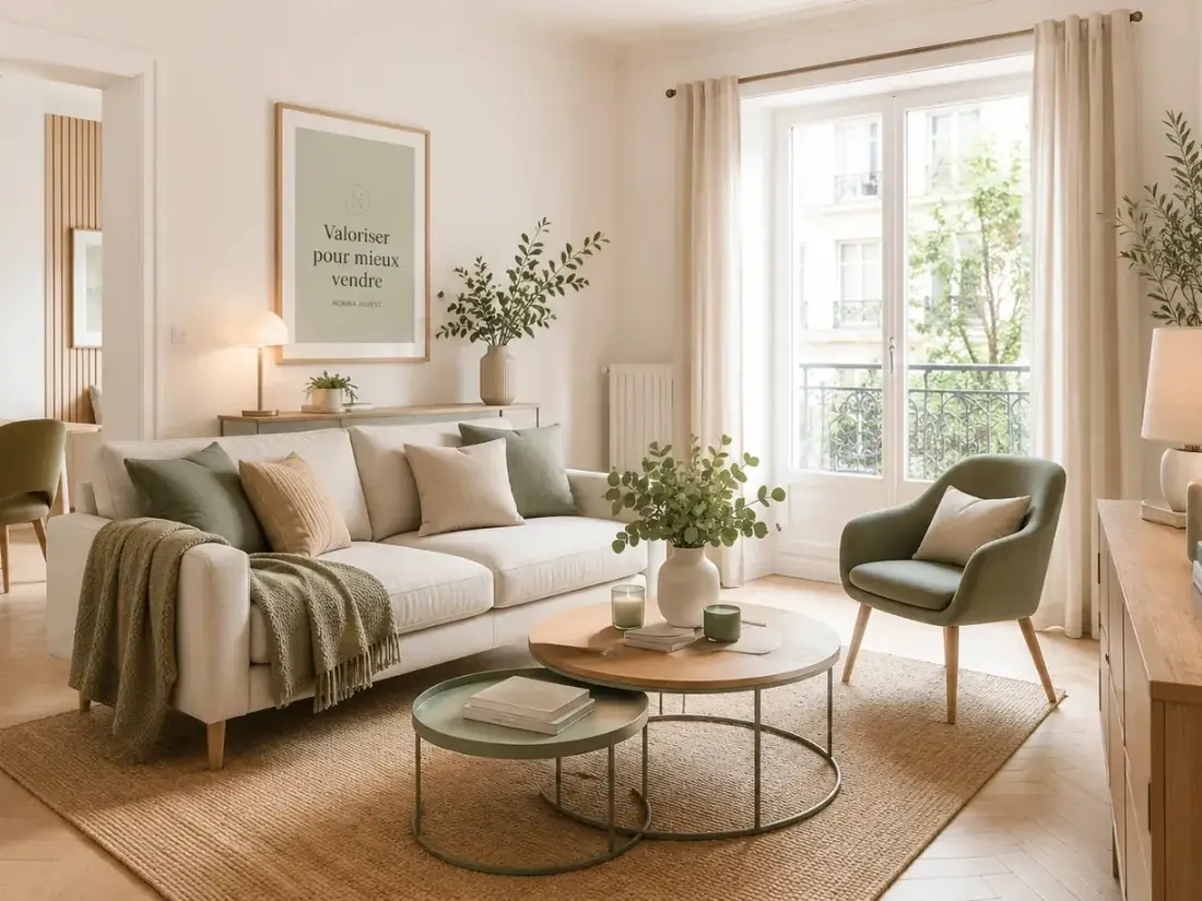 Salon meublé lumineux d’un appartement en location traditionnelle.