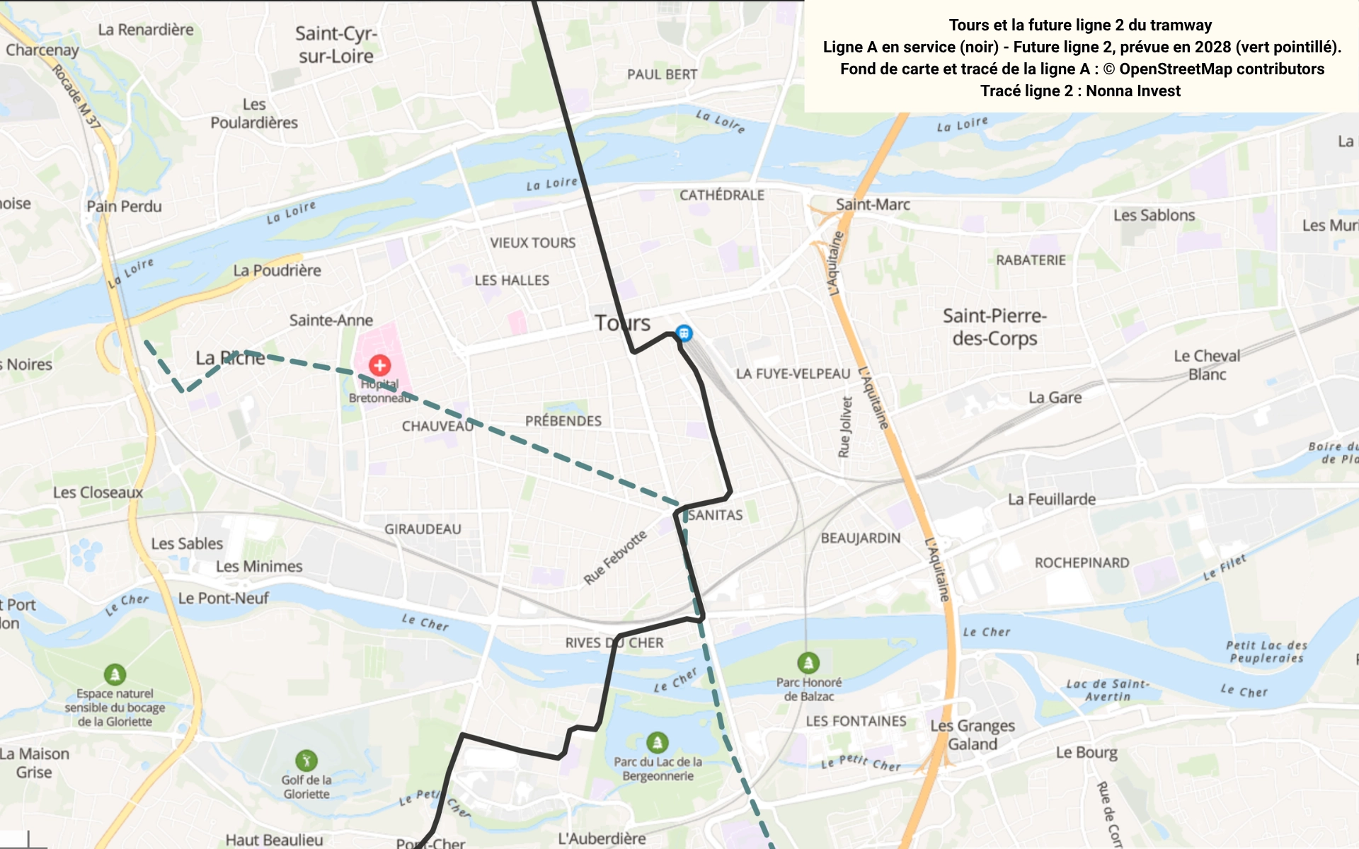 Carte de Tours : tracé de la future ligne 2 du tramway, de La Riche à Chambray-lès-Tours, et ligne A en service