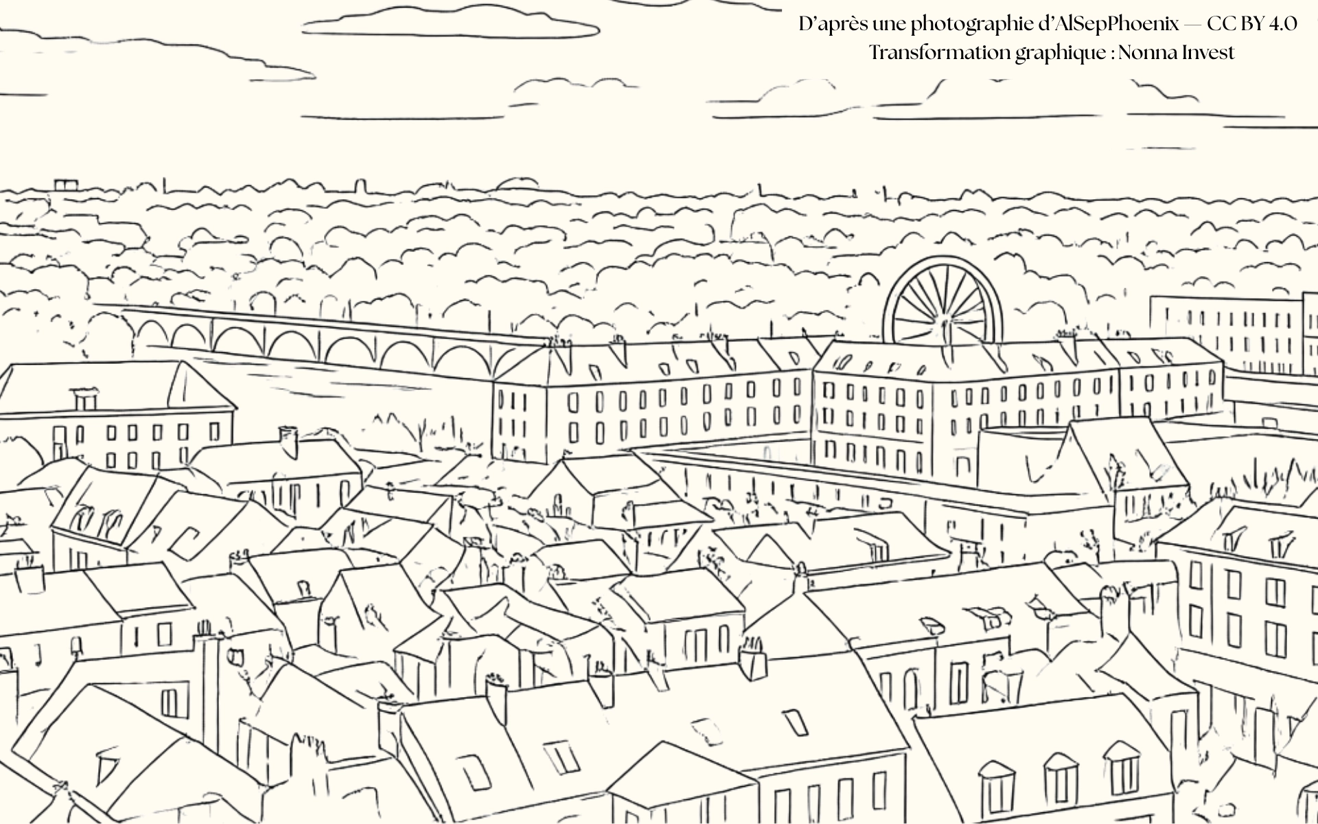 Illustration au trait des toits de Tours, avec la Loire et son pont en arrière-plan