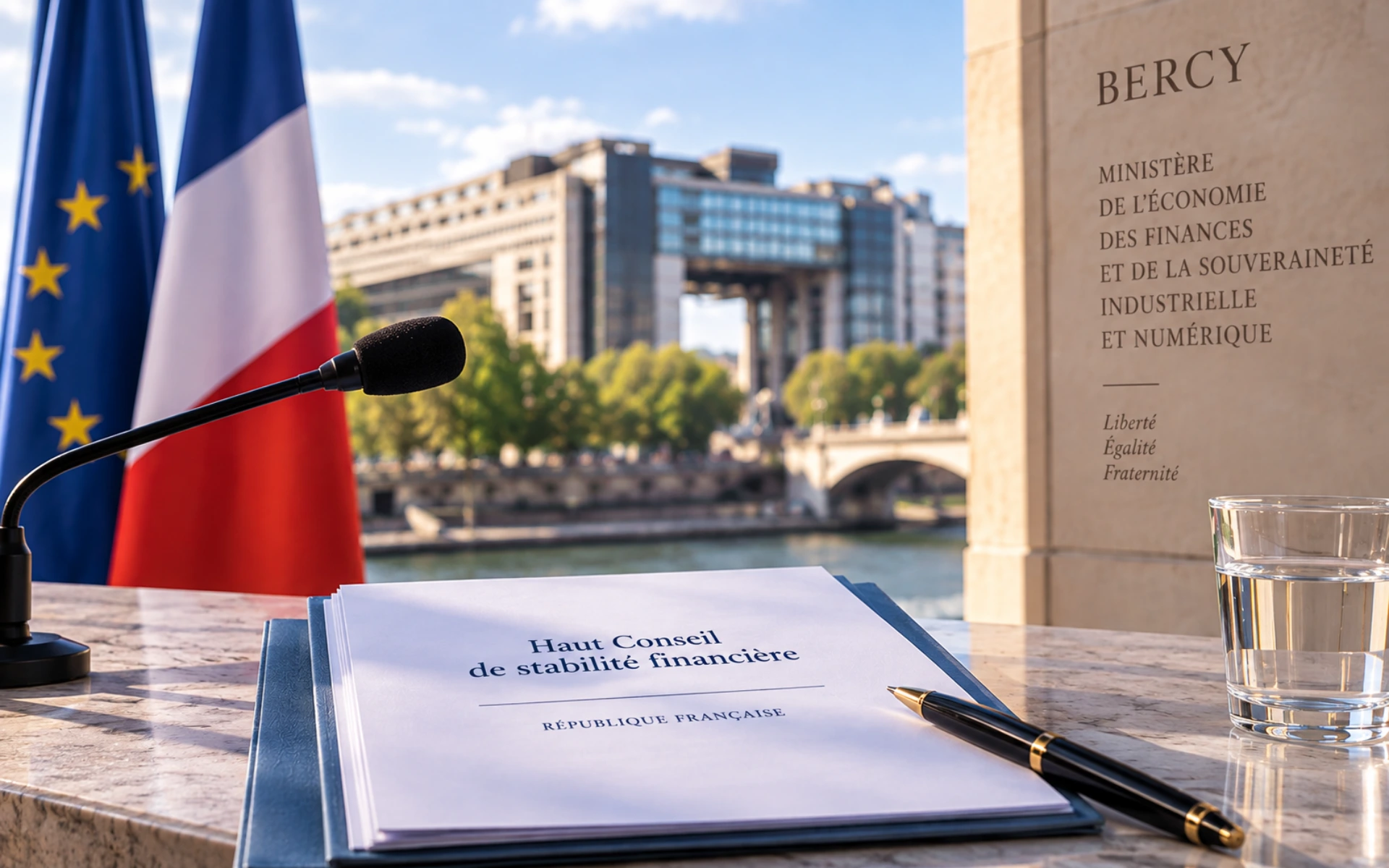 Dossier du Haut Conseil de stabilité financière (HCSF) sur une table, devant le ministère de l'Économie et des Finances à Bercy